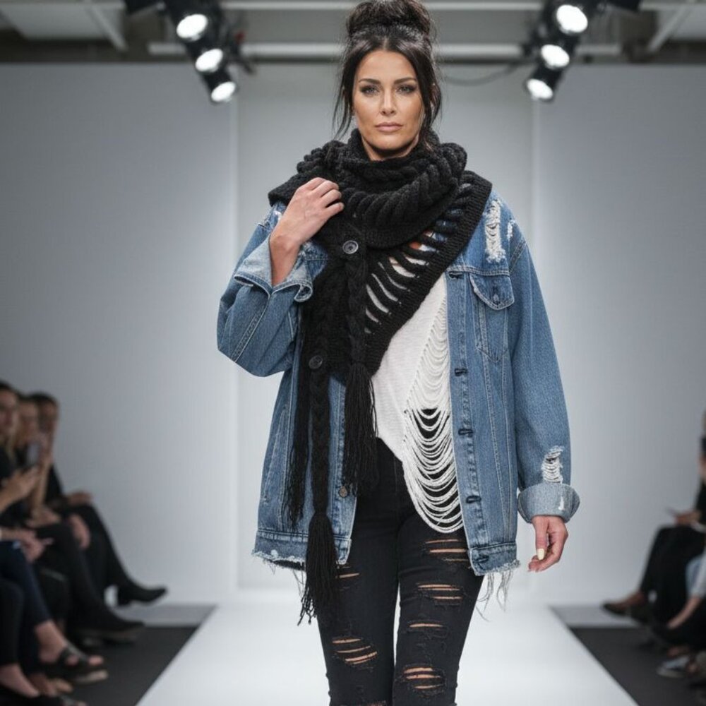 New Handmade distressed braided knit scarf with fringes, black